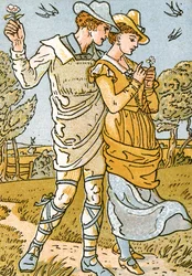 "It was a Lover and his Lass", ilustrace písně z knihy "Pan-Pipes", A Book of Old Songs, Newly Arranged and with Accompaniments by Theo. Marzials, vydáno v Londýně nakladatelstvím George Routledge und Sons, 1884 (